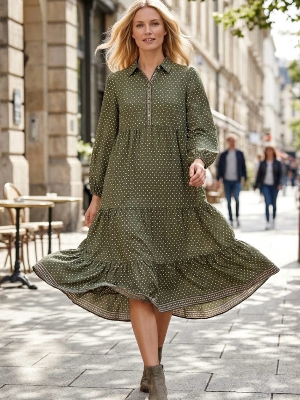 Max Studio Olive Green Polka Dot Long Sleeve Tiered Dress